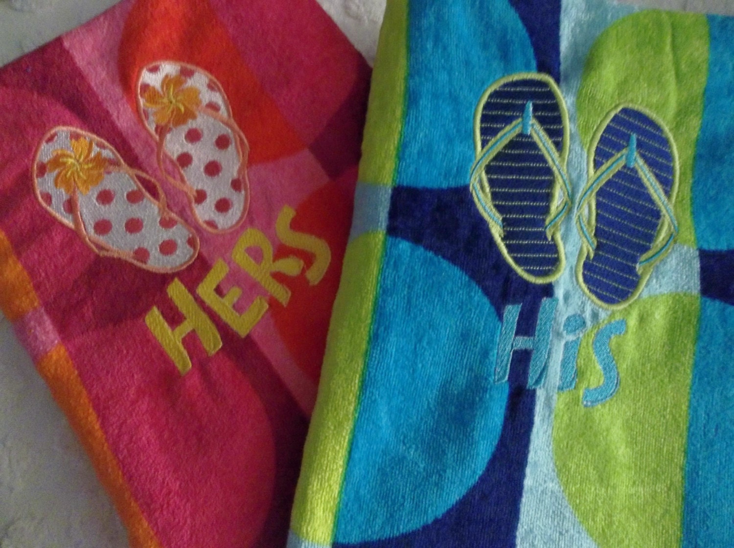 2 Beach Towels HIS and HERS Embroidered Flip Flops Beach Big