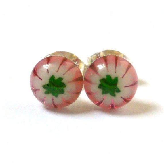 Tiny Pink Flower Earrings, Sterling Silver Studs, Handmade Fused Glass