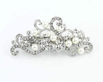 Wedding Hair Clip, Crystal Pearl Hair Barrette, Crystal Bridal Hairpiece, Rhinestone Silver Hair Barrette, Wedding Barrette