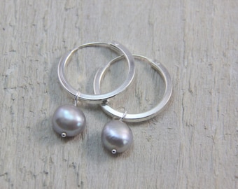 Sterling silver & pearl hoop earrings, contemporary hoop earrings with freshwater pearl, silver pearl earrings, silver hoops, perfect gift.