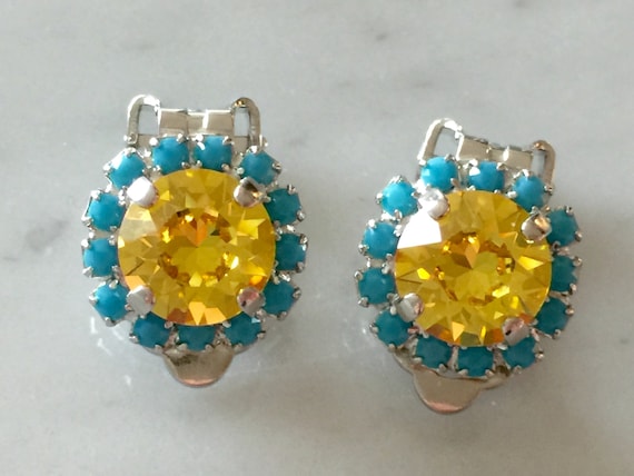 Light Topaz & Turquoise Crystal Clip On Earrings, Silver