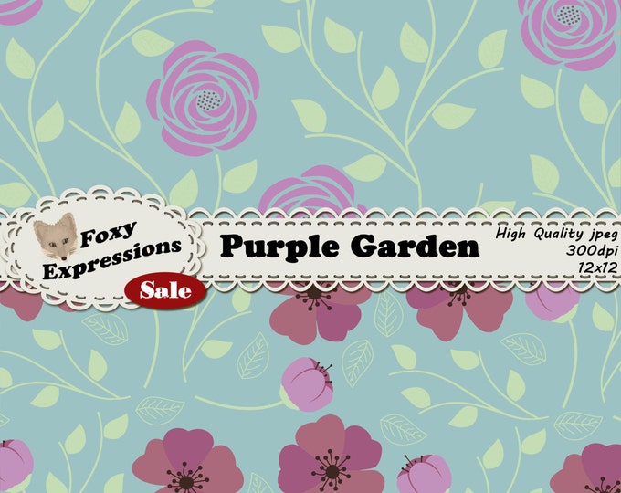 Purple Garden digital paper comes in shades of purple, green and blue. Designs include leaves, roses, daisies, poppies, stem, buds & more