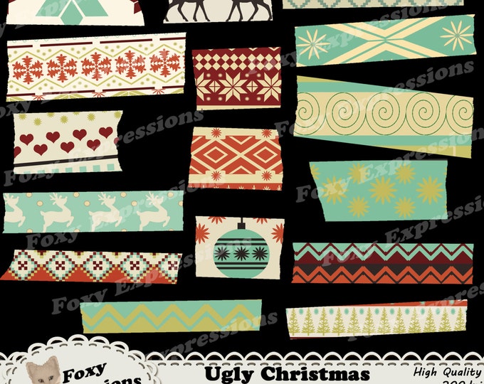 Ugly Christmas Sweater washi tape in shades of green, cream, reds, and black. Designs are deer, hearts, ornaments, trees & snow