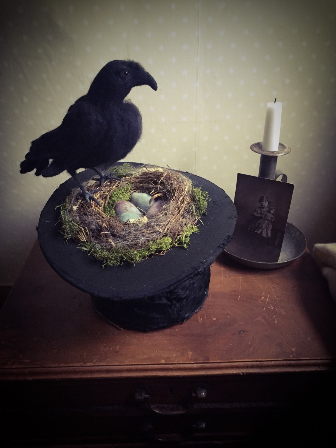 Ooak needle felted raven crow with nest in top hat