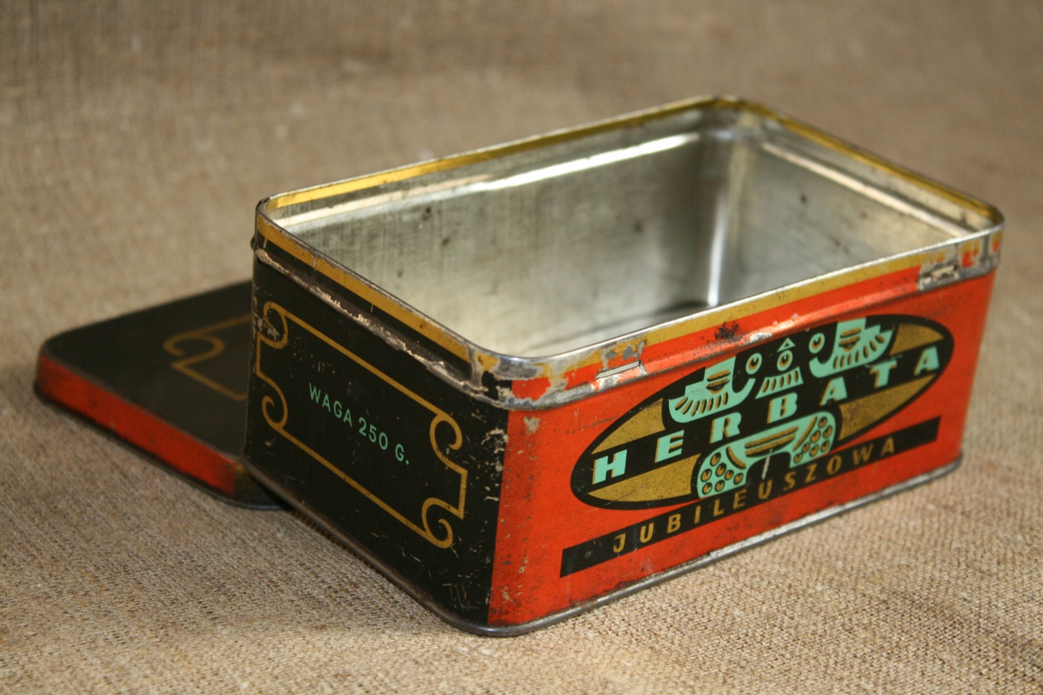 Antique tin metal tea box /Vintage metal tin for tea. Made in Poland ...