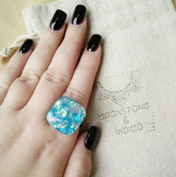 1970's Vintage Button Ring Resin Ring Aqua Vintage