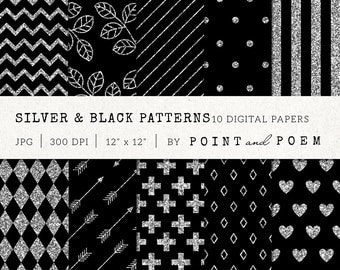 Silver Glitter Digital Paper, Black, Patterns, Silver Background, Scrapbooking, Chevron, Stripes - Commercial Use