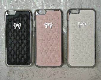 Silver Monogram Fashion Charm, or Bow Case (2 Styles) for Iphone 6 6s, Iphone 6 6s PLUS, with Swarovski Crystals, Leather Quilted, Sparkles!