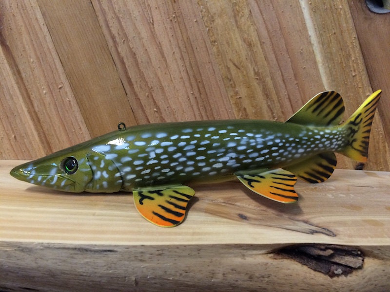 Hand carved wooden spearing decoy realistic Northern Pike