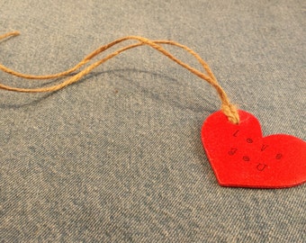 Wood Heart,Love, Hand Stamped, Red, Glitter, Gift Tag, Jute Twine