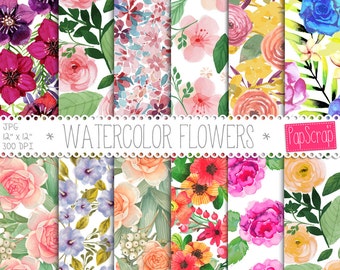 Watercolor flower digital paper : " Watercolor Flowers " floral digital paper pack, watercolor roses, wedding digital paper, elegant paper