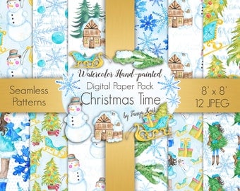 Winter Digital Paper, Christmas Digital Paper Pack, Scrapbook Paper, Holidays Digital Paper, Watercolor Digital Paper, Snowman Digital Paper