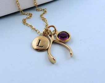 Gold Wishbone Necklace, Tiny Wishbone Charm, Good Luck Gift, Wishbone Jewelry, Personalized Wishbone, Good Luck Jewelry, Initial Birthstone