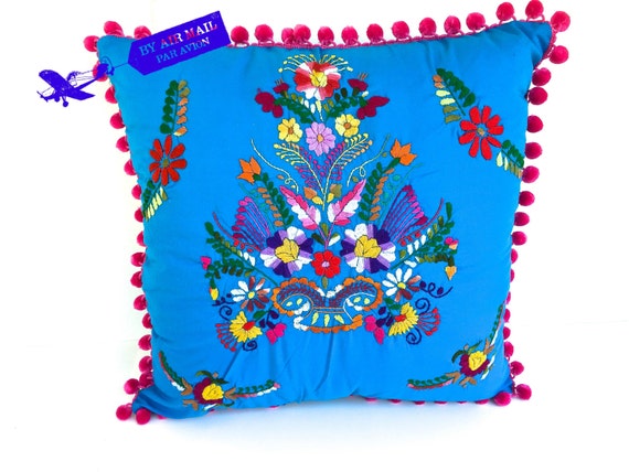 Aqua Embroidered Mexican Dress Pillow COVER 18 Square