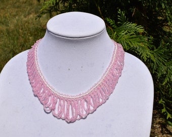 Handmade Seed Bead Collar Necklace, Pink/White Necklace, Seed Bead Jewelry, Necklace, Beadwork