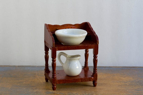 Wash Basin & Pitcher on Wooden Stand 1:12 Scale Vintage