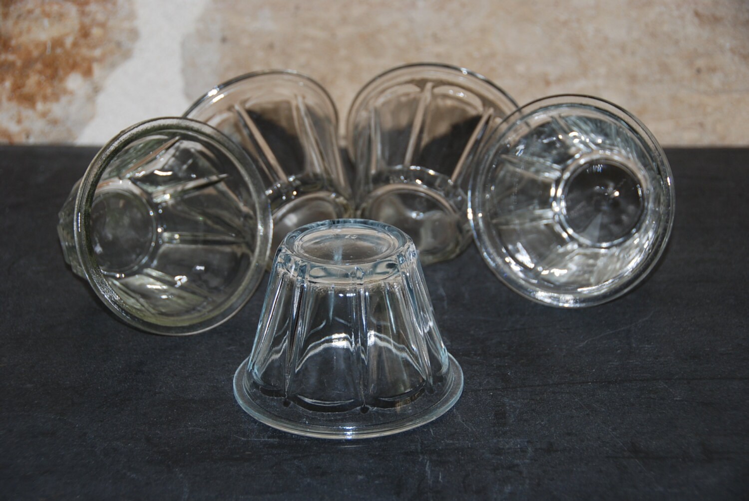 Antique French jello jars jam jars. Set 5 identical. Thick