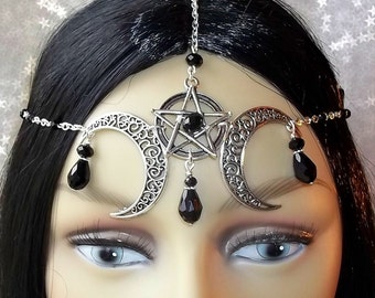 Wiccan Moon Headdress, Gothic Headdress, Pentagram & Moon Circlet, Pagan Headpiece, Pentacle Headdress, Witch, Wicca, Goth, Jet Black