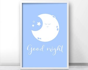 Moon and Stars Nursery Wall Art Print, Baby Wall Art, Blue Nursery Decor, Printable Nursery Art, Good Night Nursery Print, Baby Gift Idea