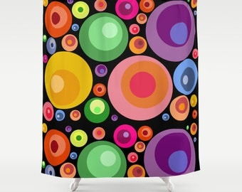 Psychedelic shower curtain-Abstract circles black shower curtain-Cool pop art curtain-71x74 shower curtain-Modern Curtain-Colourful bath