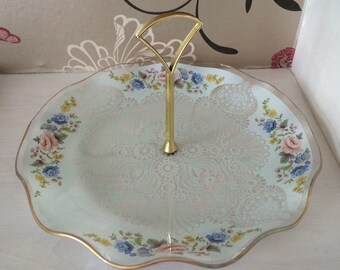 Glass Cake Stand/Cookie Stand - Single Tier Stand - Delicate Lace Design with Floral Border