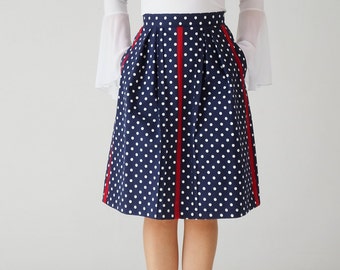 Unique cotton midi skirt, pleated, with pockets, knee length, high waist, dotted, dark blue, red, polka dots, on-of-a-kind, unique