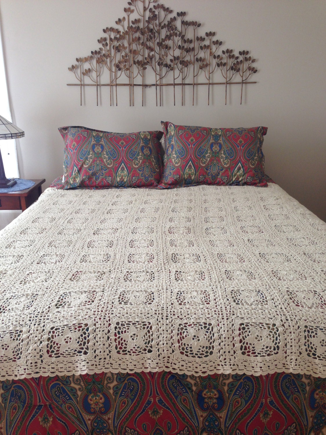 Vintage Hand Crocheted Ivory Bedspread by littlejoesattic on Etsy