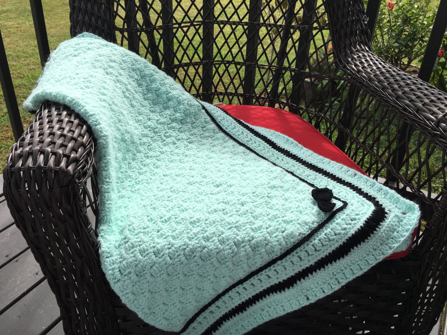 Baby Blanket handmade crochet mint green trimmed in black