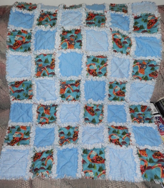 Baby Boy Rag Quilt Blue-Gingham-Choo Choo by BarbsWarmandCuddlies