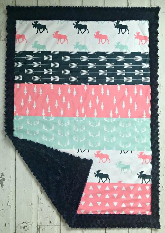 Moose Baby Blanket Girl Designer Faux Quilt Moose Minky