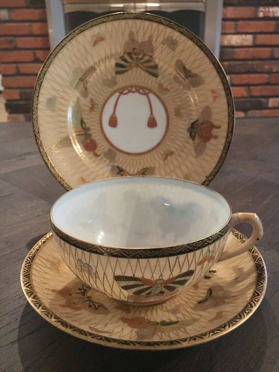 Antique Meiji Era Japanese Signed Kutani Tea Cup Trio Hand