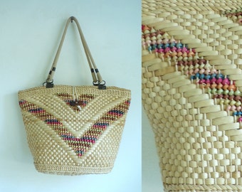 80s straw rainbow bag, colorful southwestern bag, 1980s rainbow handbag, top handle tribal bag, handbag purse, basket weave