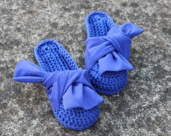 Blue slides with knotted bow | Luxury home mules | Babouche crochet slippers | Blue mule flats with cotton bows accent at uppers