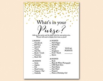 what's in your purse, Birthday Party Game, Birthday Game, Girl Birthday Party Game, Gold Birthday Party Game BP46