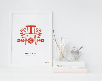 8x10 "Sitte Ned" (Take a Seat) Nordic Word Print, red and white, Norwegian Scandinavian folk art illustration