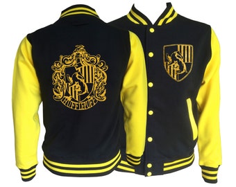Vintage style Harry potter Inspired Hufflepuff House varsity jacket with gold emblem in front and back. Amazing!