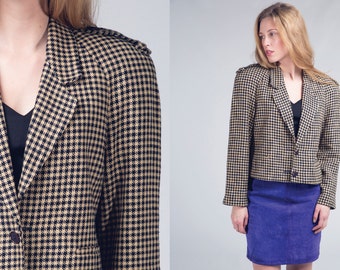 michelle stuart cream and black dogtooth blazer / houndstooth wool blazer / vtg 80s / m