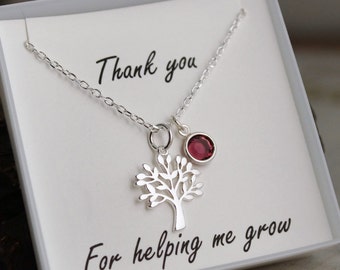 Therapist - Coach - Mentor Gift - Teacher - Sterling Silver Neckalce with Birthstone - Thank you for helping me grow