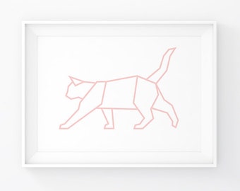 Pink Cat, Cat Print, Cat Poster, Geometric Cat, Rose Quartz, Cat Artwork, Cat Printable, Cat Art, Cat Decor, Baby Girl Decor, Pink Wall Art