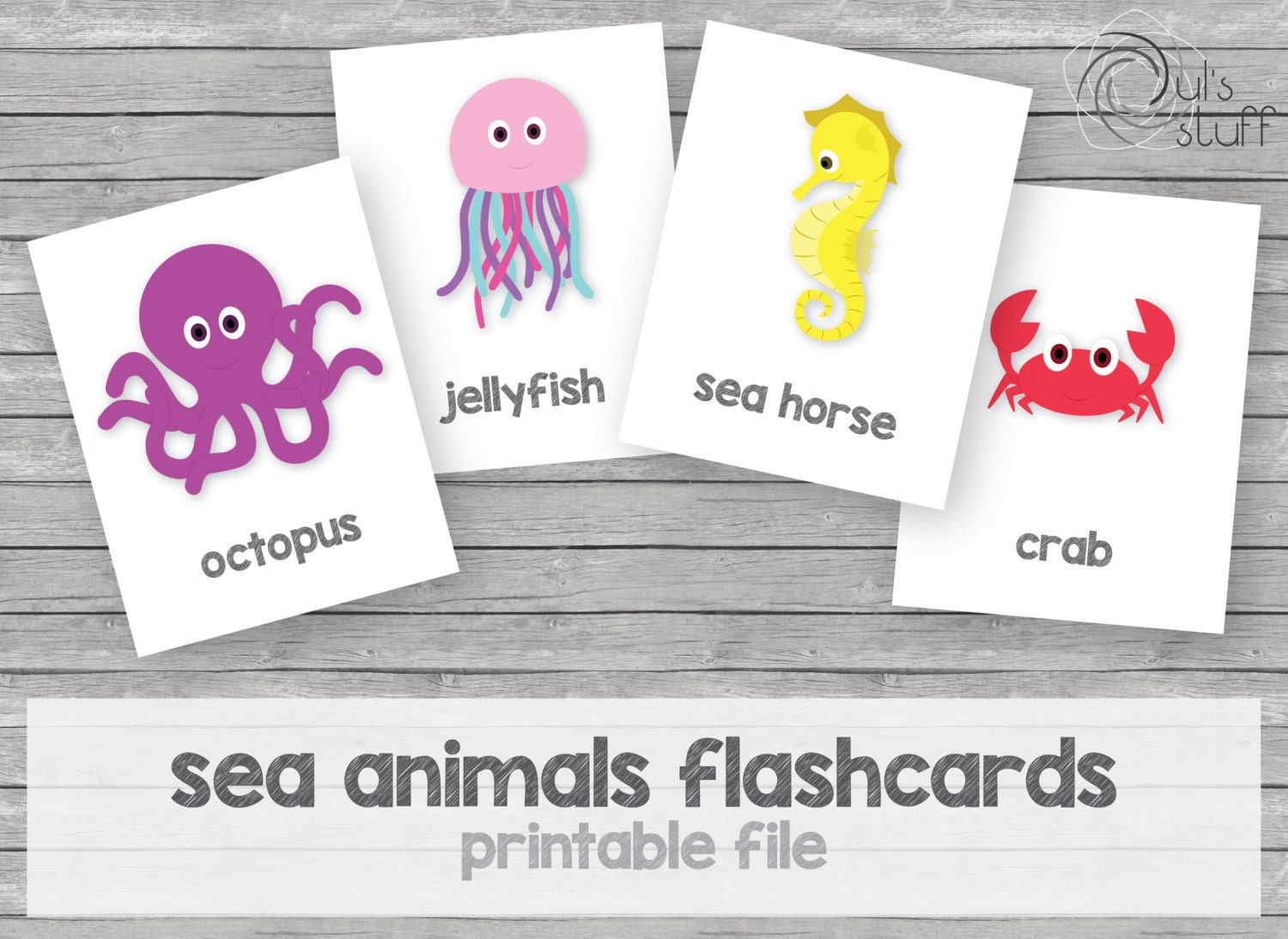 Printable kids sea animals flashcards english