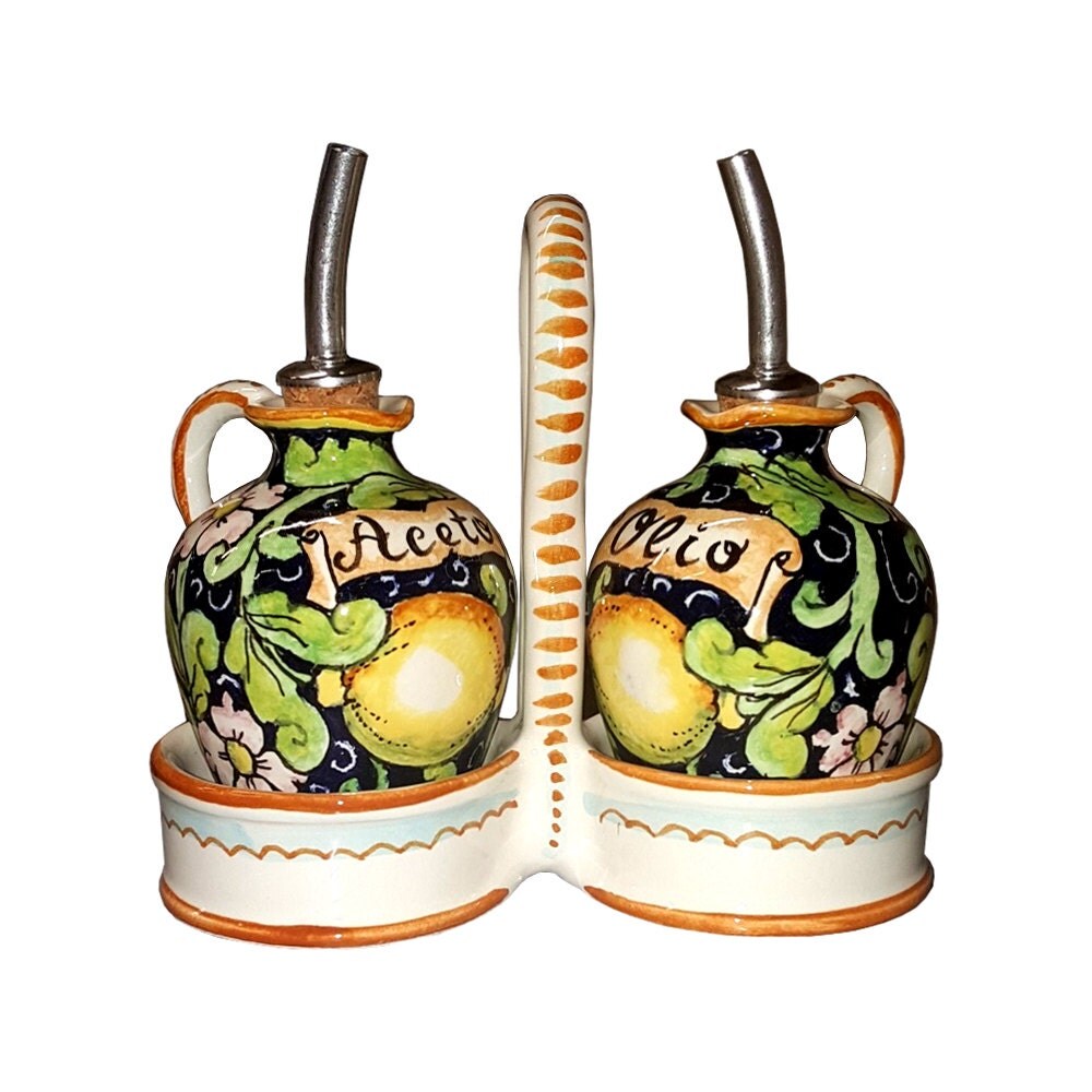 Italian Ceramic Set Oil Cruet Vinegar Art Pottery Hand Painted