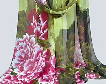 Scarf shawl wrap sarong cover up Fichu with flowers pink green brown multi wedding party