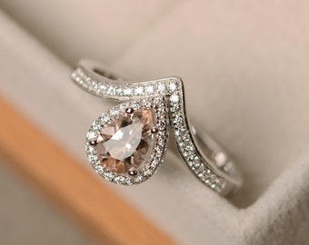 Morganite ring, pear cut, sterling silver, engagement ring