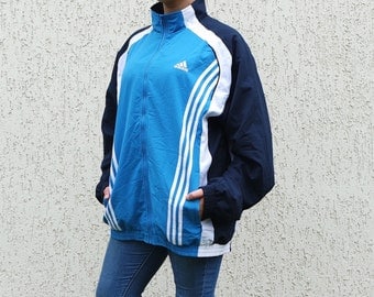 Old School ADIDAS Vintage Sport Jacket Vintage Large Size Windbreaker Blue White Stripes