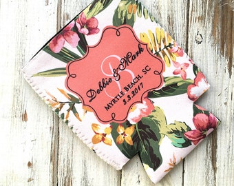 Personalizable wedding favor, Set of (12), Party favor can cozie, Pink wedding colors, Floral wedding bottle hugger, Tropical wedding (1639)