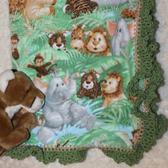 Baby Jungle Fleece Blanket with crochet trim// by BeYOUtifulworks
