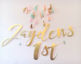 Large Cursive- Script- Milestone Personalized Birthday Banner - Gold Satin Birthday Banner