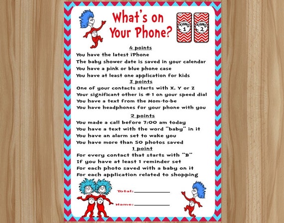 Dr. Seuss Baby Shower Game Thing 1 Thing 2 Baby Shower Game