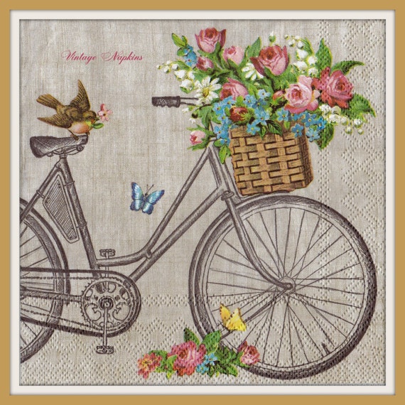 2 PAPER NAPKINS for DECOUPAGE Vintage Bike with Flowers