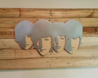 The Beatles Band Sign Man Cave Art MDF Board Cut Out Logo With Faux Metal Finish On Rustic Pallet Wood